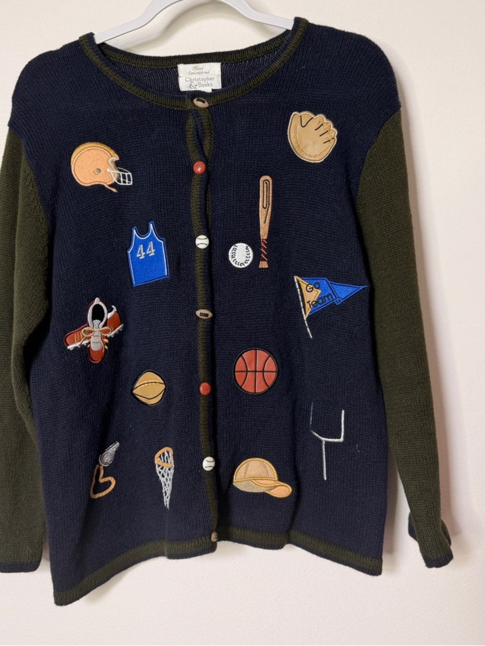 Y2K Christopher & Banks Navy Sweater with Olive Trim